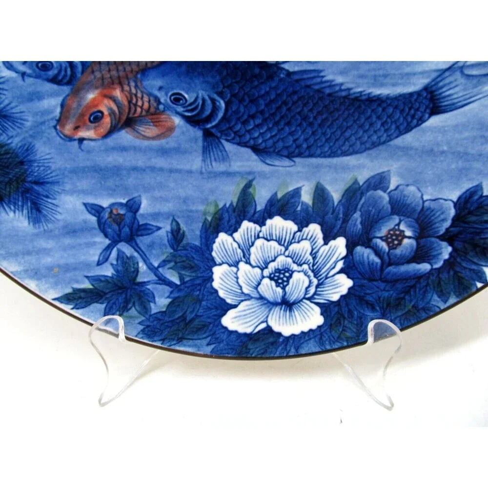 Vintage Japanese Toyo Koi Fish Blue Round Platter 12.5